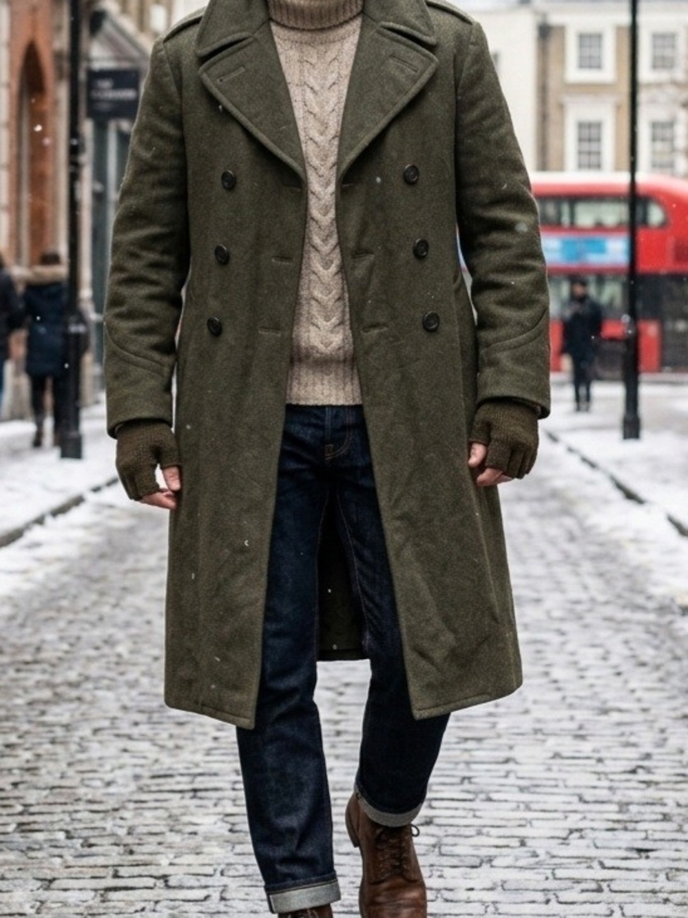 Men's Olive Green Wool Double-Breasted Overcoat